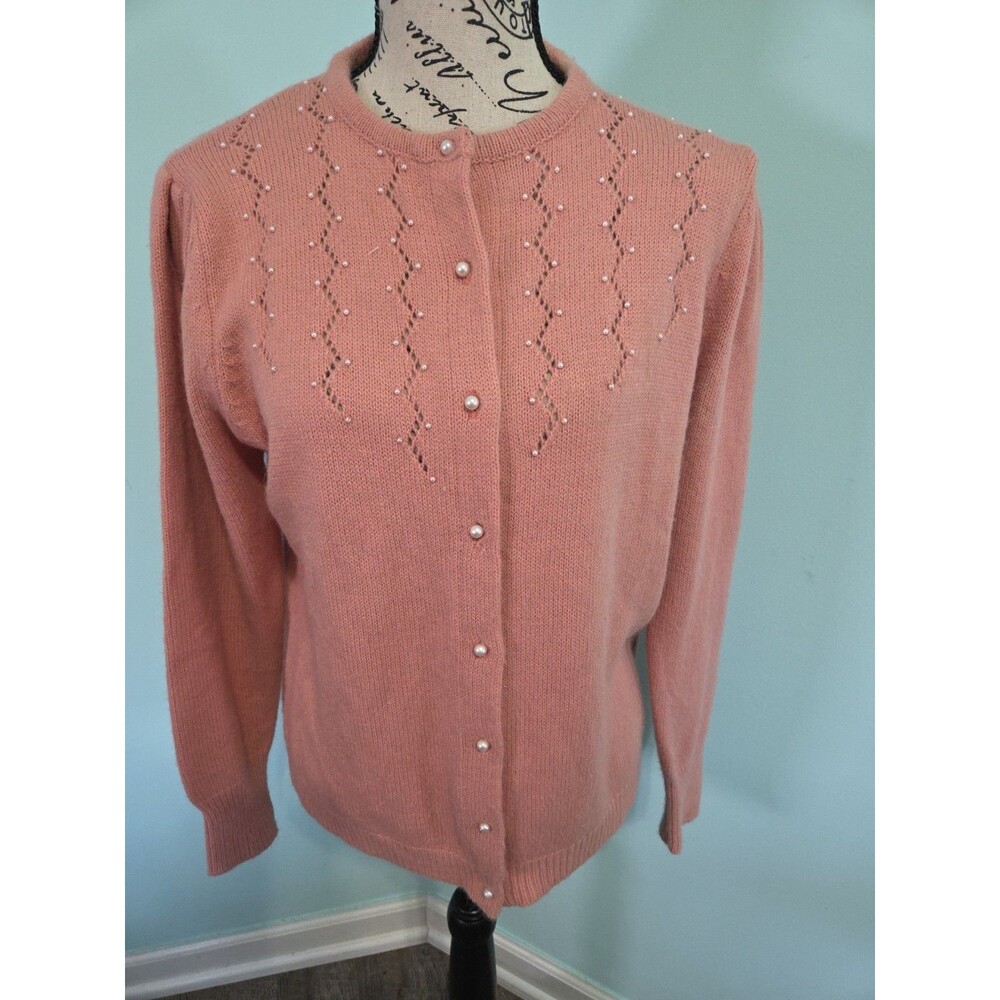 Tres elle vintage cardigan sweater pink pearl buttons extra large Cottagecore